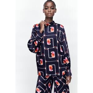 Zara High Neck Satin Effect Printed Blouse